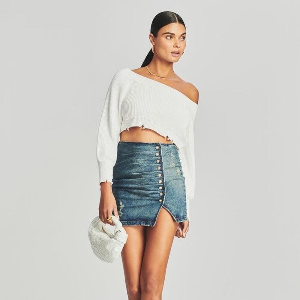 NWOT Retrofête Willa Ruched Denim Mini Jean Skirt Distressed Button Detail Sz XS